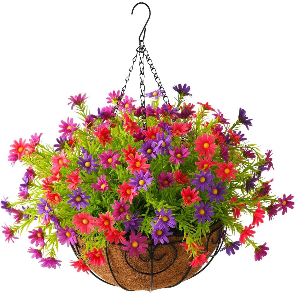 imageHomsunny Artificial Hanging Flowers for Outdoors Summer DecorationFaux Mums Silk ChrysanthemumHanging Planters in 12 inch Coconut Lining Basket for Home Outside Porch Decor