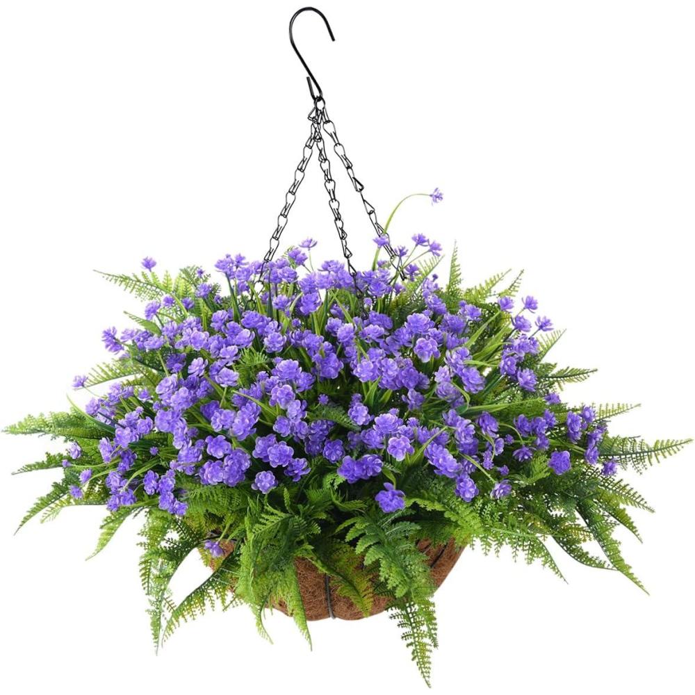 imageHomsunny Artificial Hanging Flowers in Basket Outdoor Indoor Patio Lawn Garden Decor UV Resistant Rose Eucalyptus Plants with 12inch Coconut Lining Chain FlowerpotPurple