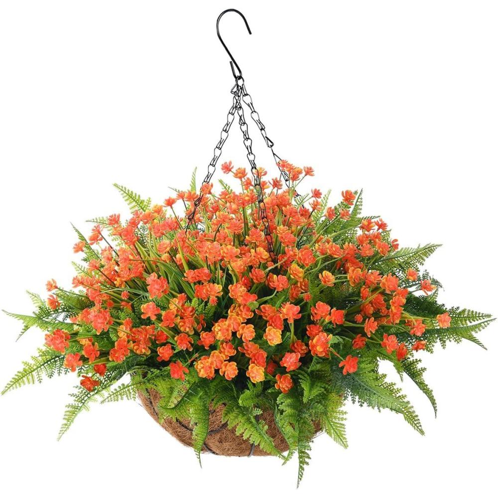 imageHomsunny Artificial Hanging Flowers in Basket Outdoor Indoor Patio Lawn Garden Decor UV Resistant Rose Eucalyptus Plants with 12inch Coconut Lining Chain FlowerpotRed