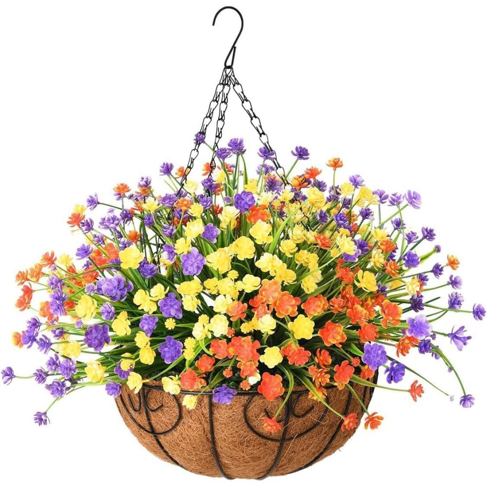 imageHomsunny Artificial Hanging Flowers in Basket for Patio Garden DecorationArtificial Daisy ArrangementFake Plants in 12 inch Coconut Lining Basket for Outside Summer DecorMulticolor
