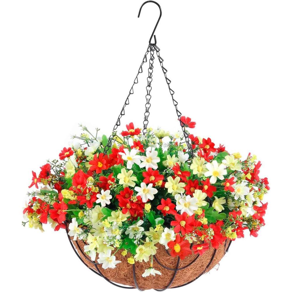 imageHomsunny Artificial Hanging Flowers in BasketFake Daisy Plants Arrangement12inch Coconut Lining Basket Hanging PlantOutdoor Indoor Patio Lawn Garden Porch Summer DecorWhite Light red