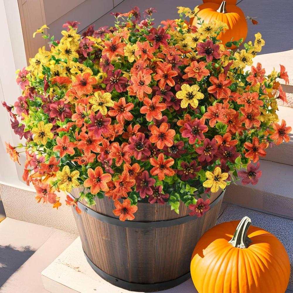 imageHomsunny Artificial Mums Fake Flowers for Outdoors Decoration 12 Bundles Faux Silk Daisy Plants UV Resistant for Outside Garden Front Door Porch Planter Patio Yard MixYellow Brown Orange a