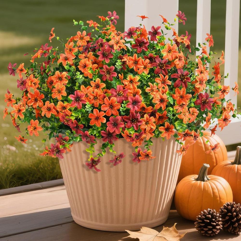 imageHomsunny Artificial Mums Fake Flowers for Outdoors Decoration 12 Bundles Faux Silk Daisy Plants UV Resistant for Outside Garden Front Door Porch Planter Patio Yard MixOrang Brown C