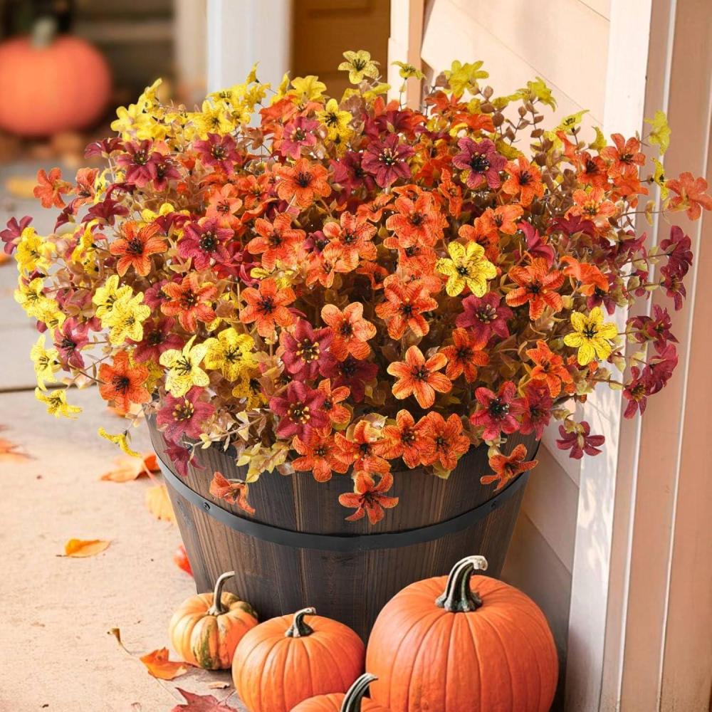 imageHomsunny Artificial Mums Fake Flowers for Outdoors Decoration 12 Bundles Faux Silk Daisy Plants UV Resistant for Outside Garden Front Door Porch Planter Patio Yard MixYellow Brown Orange