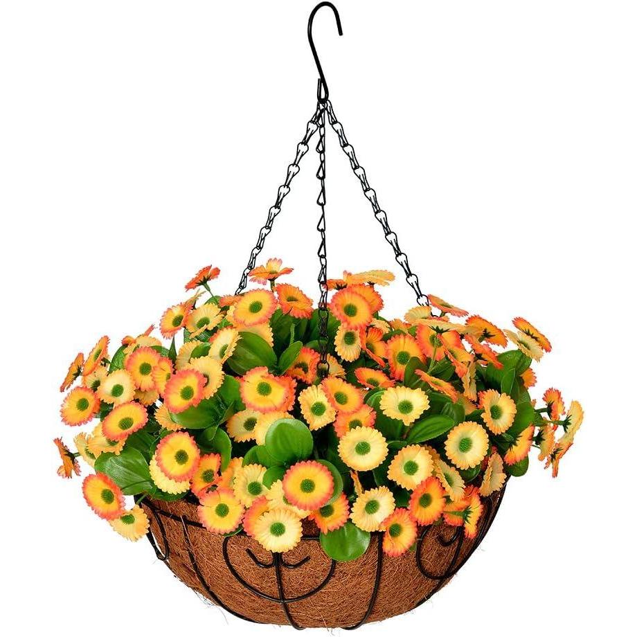 imageHomsunny Fall Artificial Chrysanthemum Flowers in Basket SilkMaking with 12 inch Flowerpot CenterpiecesFake Hanging Plants in Coconut Lining for Outdoors Indoors Courtyard Decor Yellow