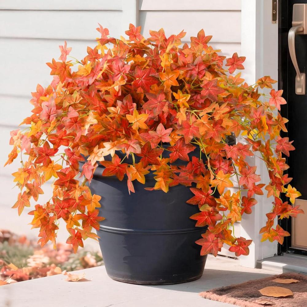 imageHomsunny Fall Fake Plants for Outdoor 3PCS Fall Leaves Artificial Plants Maple Fake Leaves Decor Flowers UV Resistant for Porch Garden Deck Fall Red