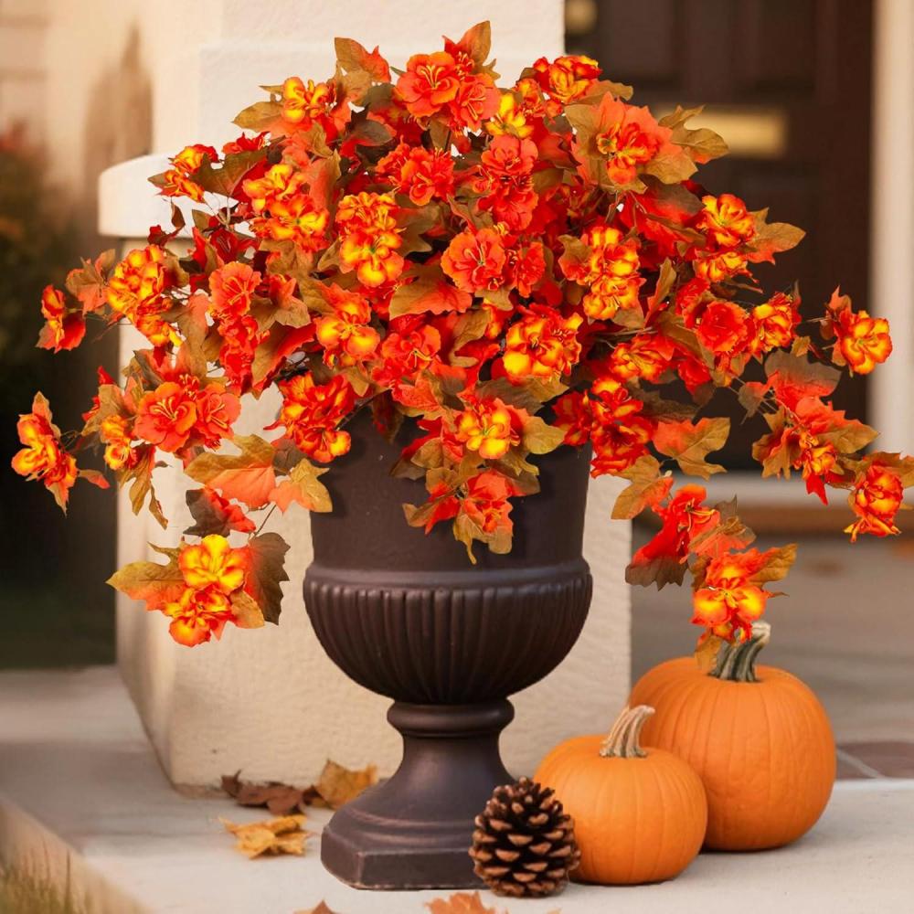 imageHomsunny Fall Flowers for Outdoors 2 PCS Fake Fall Flowers UV Resistant Fake Autumn Artificial Flowers for Porch Patio Window Box Planter Home Decor Sunset Red and OrangeOrangesunset Red