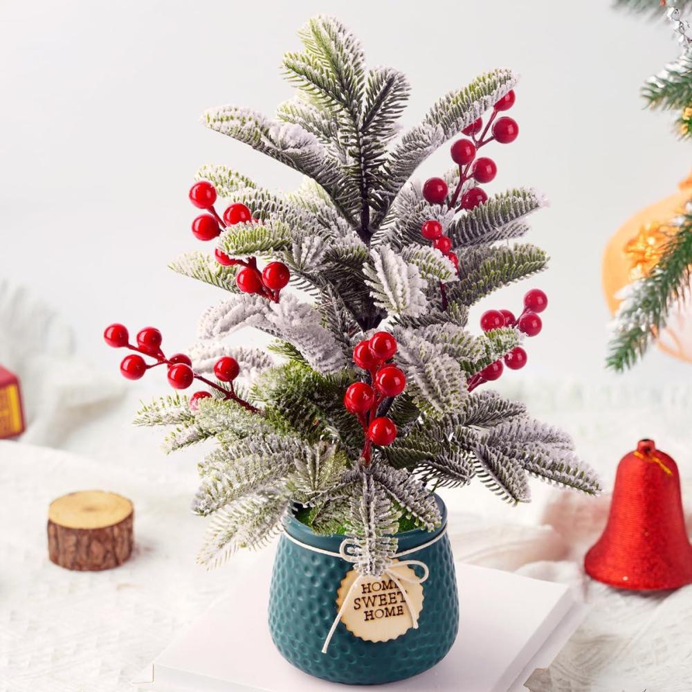 imageSmall Artificial Mini Tabletop Christmas Tree Xmas Decorations14 Inch Cedar Tree with Red Berry Ornaments for Table Top Office Desk Classroom Room Home Winter Holiday Decor Green Pot