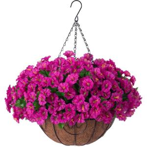 Artificial Fake Hanging Flowers Plants Baskets for Outdoor Spring Decoration, Faux Silk UV Resistant Look Real Morning Glory Arrangement for Porch Patio Garden Deck Home Summary Decor(Orange Yellow)(Z Purple Red)