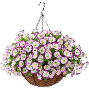 Artificial Fake Hanging Flowers Plants Baskets for Outdoor Spring Decoration, Faux Silk UV Resistant Look Real Morning Glory Arrangement for Porch Patio Garden Deck Home Summary Decor(Orange Yellow)(Z Light Purple)