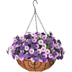 Artificial Fake Hanging Flowers Plants Baskets for Outdoor Spring Decoration, Faux Silk UV Resistant Look Real Morning Glory Arrangement for Porch Patio Garden Deck Home Summary Decor(Orange Yellow)(Purple Pink)