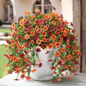 Artificial Fake Hanging Flowers Plants for Outdoor Spring Decoration, 2 PCS Faux Silk Daisy Flower UV Resistant Look Real for Outside Patio Porch Garden Balcony Yard Home Summer Decor(Perple Blue)(Brown Orange)