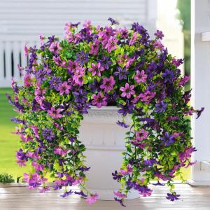 Artificial Fake Hanging Flowers Plants for Outdoor Spring Decoration, 2 PCS Faux Silk Daisy Flower UV Resistant Look Real for Outside Patio Porch Garden Balcony Yard Home Summer Decor(Perple Blue)(Double Purple)
