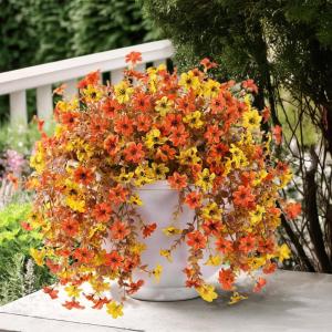 Artificial Fake Hanging Flowers Plants for Outdoor Spring Decoration, 2 PCS Faux Silk Daisy Flower UV Resistant Look Real for Outside Patio Porch Garden Balcony Yard Home Summer Decor(Perple Blue)(D Orange Yellow)