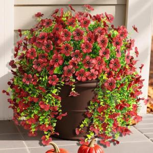 Artificial Fake Hanging Flowers Plants for Outdoor Spring Decorations, 2PCS Faux Daisy Silk Flower Outside No Fade UV Resistant Realistic Home Decor for Porch Patio Window Box (ChujuDH-Red(Brown)