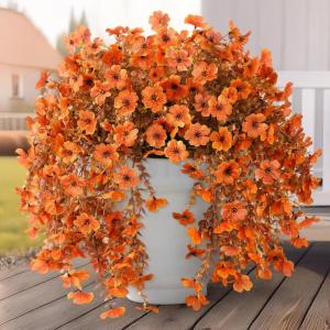 Artificial Fake Hanging Flowers Plants for Outdoor Spring Decorations, 2PCS Faux Daisy Silk Flower Outside No Fade UV Resistant Realistic Home Decor for Porch Patio Window Box (ChujuDH-Red(Orange)