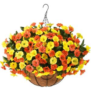 Artificial Fake Hanging Flowers with Basket for Outdoors, Faux Silk Petunias Flower Spring Summer Decor UV Resistant Look Real for Home Outside Patio Front Porch Decorations(Orange Yellow)