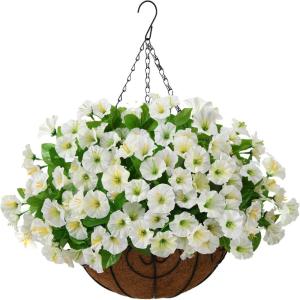 Artificial Fake Hanging Flowers with Basket for Outdoors, Faux Silk Petunias Flower Spring Summer Decor UV Resistant Look Real for Home Outside Patio Front Porch Decorations(Z Green White)
