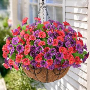 Artificial Fake Hanging Flowers with Basket for Outdoors, Faux Silk Petunias Flower Spring Summer Decor UV Resistant Look Real for Home Outside Patio Front Porch Decorations(Red Purple)