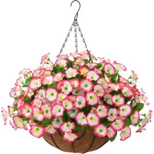 Artificial Fake Hanging Flowers with Basket for Outdoors, Faux Silk Petunias Flower Spring Summer Decor UV Resistant Look Real for Home Outside Patio Front Porch Decorations(Z Pink)