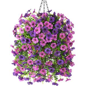 Artificial Fake Hanging Plants Flowers Baskets for Outdoor Outside Spring Decor,Faux Silk Daisy UV Resistant Look Real Summer Decorations for Home Porch Patio Yard Garden(Red(Mix Purple)
