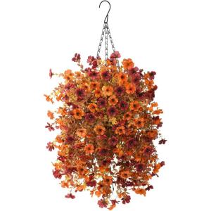 Artificial Fake Hanging Plants Flowers Baskets for Outdoor Outside Spring Decor,Faux Silk Daisy UV Resistant Look Real Summer Decorations for Home Porch Patio Yard Garden(Red(Dark Orange)