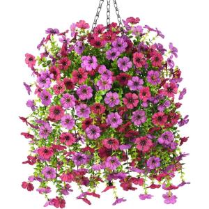 Artificial Fake Hanging Plants Flowers Baskets for Outdoor Outside Spring Decor,Faux Silk Daisy UV Resistant Look Real Summer Decorations for Home Porch Patio Yard Garden(Red(Light Purple)