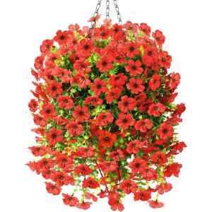 Artificial Fake Hanging Plants Flowers Baskets for Outdoor Outside Spring Decor,Faux Silk Daisy UV Resistant Look Real Summer Decorations for Home Porch Patio Yard Garden(Red(Red)