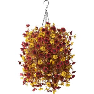 Artificial Fake Hanging Plants Flowers Baskets for Outdoor Outside Spring Decor,Faux Silk Daisy UV Resistant Look Real Summer Decorations for Home Porch Patio Yard Garden(Red(Yellow Brown)
