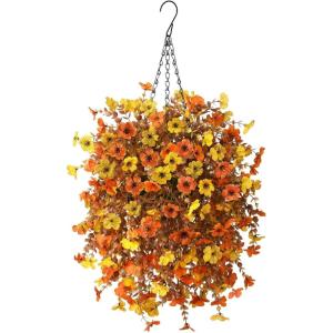 Artificial Fake Hanging Plants Flowers Baskets for Outdoor Outside Spring Decor,Faux Silk Daisy UV Resistant Look Real Summer Decorations for Home Porch Patio Yard Garden(Red(Yellow Orange)
