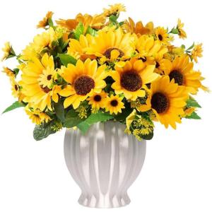 Artificial Fall Flowers for Decoration with Ceramics Vase, 5 Pcs Sunflowers Fake Silk Flower Arrangements ,Faux Floral Centerpieces for Tables Dinning Room Office Tabletop Autumn Decor(Stripe Vase)