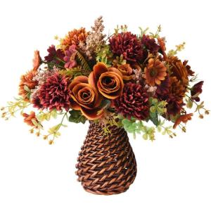 Artificial Faux Flowers in Vase, Fake Silk Floral Arrangements Rose Bouquets with Handmade Rattan Vase, Farmhouse Table Decorations Centerpieces for Dinning Room Kitchen Office Desktop (Brown)(Brown)