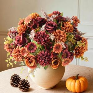 Artificial Faux Flowers in Vase, Fake Silk Floral Arrangements Rose Bouquets with Handmade Rattan Vase, Farmhouse Table Decorations Centerpieces for Dinning Room Kitchen Office Desktop (Brown)(Orange Brown)
