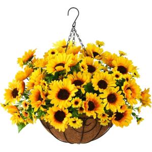 Artificial Flowers with Ceramics Vase for Fall Decoration, 5 Pcs Sunflowers Fake Silk Flower Arrangements ,Faux Floral Centerpieces for Tables Dinning Room Office Tabletop Home Decor(Ripple Vase)(Yellow)