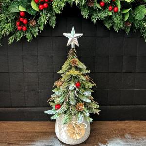 Artificial Mini Christmas Tree Tabletop Decorations,13 Inch Small Xmas Tree with Red Berry Ornaments for Table Top Office Desk Classroom Room Holiday Christmas Decor (Silver Star)