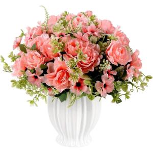 Fake Gardenia Flowers with Ceramics Vase, Silk Flower Arrangements, Artificial Flowers in Vase for Homes Offices Dinning Roon Table Kitchen Desktop Decorate (Sunset red)