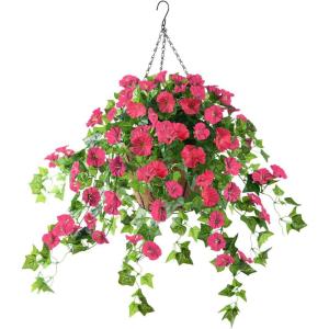 Hanging Basket with Artificial Vine Fake Silk Flowers Plants for Outdoor Indoor, Coconut Lining Basket for Patio Lawn Garden Porch Home Spring Decor (Red)(Red)
