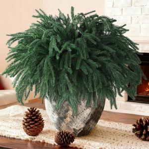 Homsunny 10 PCS Christmas Norfolk Pine Stems Real Touch Artificial Pine Branches Faux Christmas Greenery Stems 17″ Fake Pine Branches for Vase DlY Crafts Indoor Outdoor Home Decor