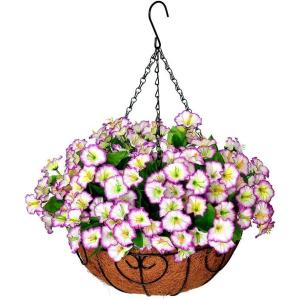 Homsunny Artificial Chrysanthemum Flowers Silk with 12 inch Flowerpot Centerpieces,Fake Hanging Plants in Coconut Lining Basket for Outdoors Indoors Courtyard Spring Decoration(Light Purple)
