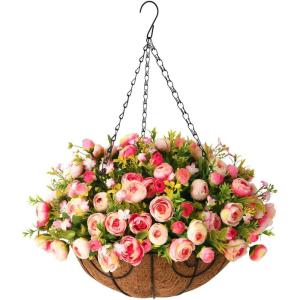 Homsunny Artificial Fake Hanging Plants Flowers Basket for Spring Outdoor Decoration,Faux Silk Flowers Realistic UV Resistant in 12 inch Coconut Lining Baskets for Patio Decor(Rose red White)