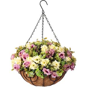 Homsunny Artificial Fake Hanging Plants Flowers Basket for Spring Outdoor Decoration,Faux Silk Rose Realistic UV Resistant in 12 inch Coconut Lining Baskets for Home Patio Decor(Purple, White)