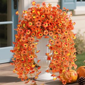 Homsunny Artificial Fall Flowers for Outdoors Fake Flowers UV Resistant 2PCS Fall Mums Flowers for Home Patio Balcony Yard Porch, Orange and Sunset Red(Orange+sunset Red)