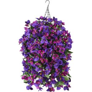 Homsunny Artificial Faux Flowers Hanging Basket for Outdoor Spring Decor, Fake Hanging Flower in Planter Silk Bougainvillea UV Resistant for Outside Front Porch Patio Garden Balcony(Deep Purple+deep Fuchsia)