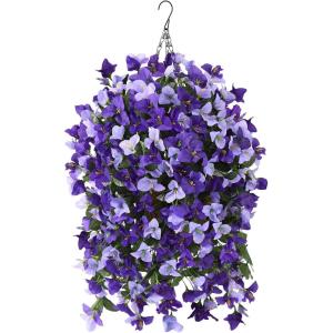 Homsunny Artificial Faux Flowers Hanging Basket for Outdoor Spring Decor, Fake Hanging Flower in Planter Silk Bougainvillea UV Resistant for Outside Front Porch Patio Garden Balcony(Deep Purple+light Purple)