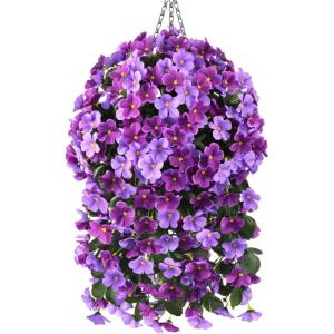 Homsunny Artificial Faux Flowers Plants Hanging Basket for Outdoors Spring Decor, Fake Hanging Flower UV Resisitant Silk Begonia in Planter for Outside Porch Patio Balcony(Light Purple+deep Fuchsia)