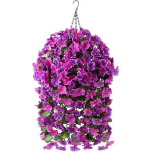 Homsunny Artificial Faux Flowers Plants Hanging Basket for Outdoors Spring Decor, Fake Hanging Flower UV Resisitant Silk Begonia in Planter for Outside Porch Patio Balcony(Deep Fuchsia+light Fuchsia)