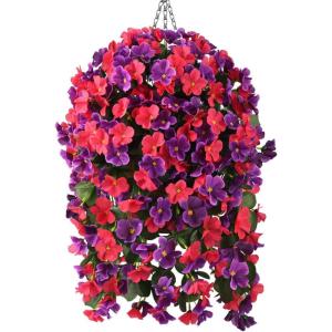 Homsunny Artificial Faux Flowers Plants Hanging Basket for Outdoors Spring Decor, Fake Hanging Flower UV Resisitant Silk Begonia in Planter for Outside Porch Patio Balcony(Rose+deep Fuchsia)