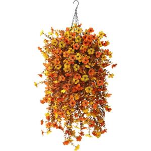 Homsunny Artificial Flowers Hanging Basket for Outdoor Spring Decor, Fake Hanging Plants Faux Mums UV Resistant Silk Daisy for Outside Front Porch Patio Balcony Garden Backyard(Orange Yellow)