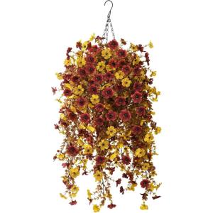 Homsunny Artificial Flowers Hanging Basket for Outdoor Spring Decor, Fake Hanging Plants Faux Mums UV Resistant Silk Daisy for Outside Front Porch Patio Balcony Garden Backyard(Yellow Brown)