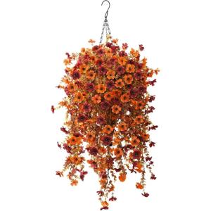 Homsunny Artificial Flowers Hanging Basket for Outdoor Spring Decor, Fake Hanging Plants Faux Mums UV Resistant Silk Daisy for Outside Front Porch Patio Balcony Garden Backyard(Orange Brown)